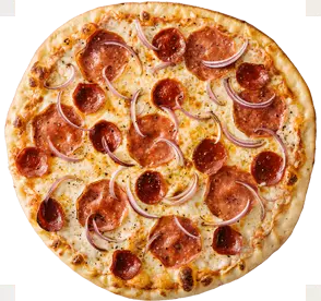 All-beef pepperoni, salami, cracked black pepper, and red onions