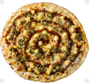 The Pineapple Express is sweet and heat perfection. Even people who hate pineapple on pizza LOVE our Pineapple Express! It has bacon, pineapple, crushed red pepper, jalapenos, teriyaki base with a little sesame seed and top swirl, and garnished with fresh cilantro post-bake. This may be our best pizza!