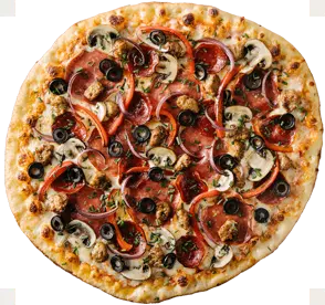 All-beef pepperoni, sausage, salami, red onions, black olives, mushrooms, red bell peppers, and chives